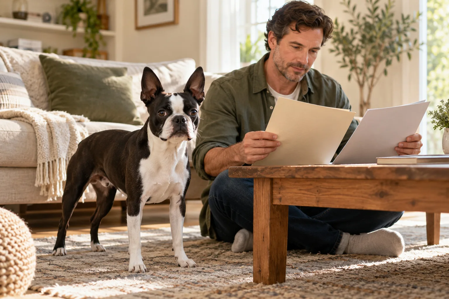 Owner comparing documents at home with a small black-and-white dog